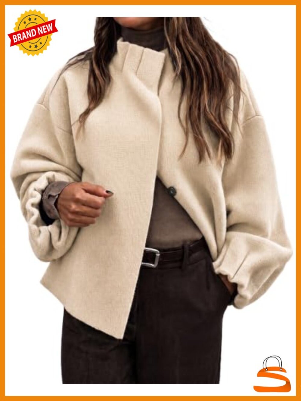 Ruffle Mock Neck Balloon Sleeve Knit Cardigan Sweater